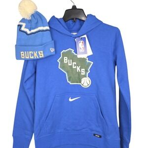 Milwaukee Bucks City Ed. Youth Medium 10/12 Blue Nike NBA Hoodie + Beanie New